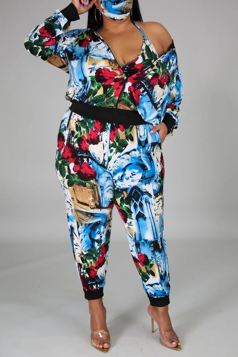 Plus Size Digital Print Three Piece Sets With Mask