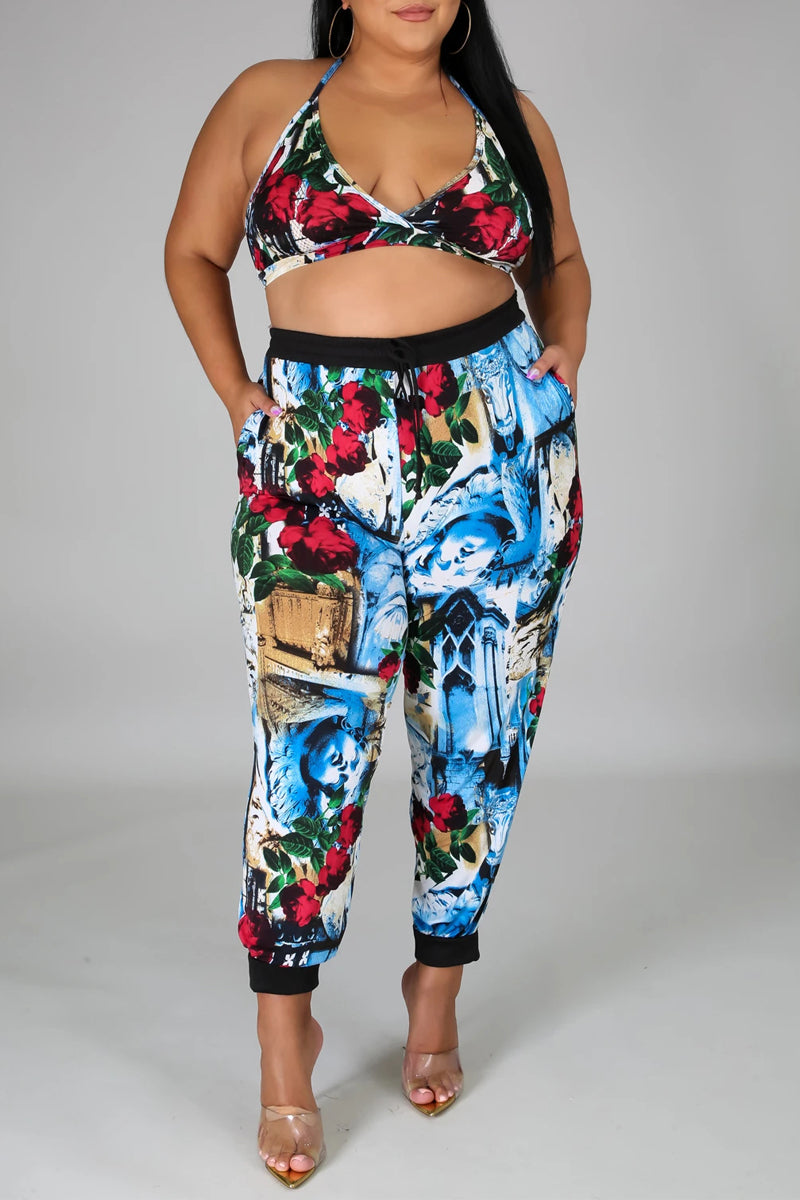 Plus Size Digital Print Three Piece Sets With Mask