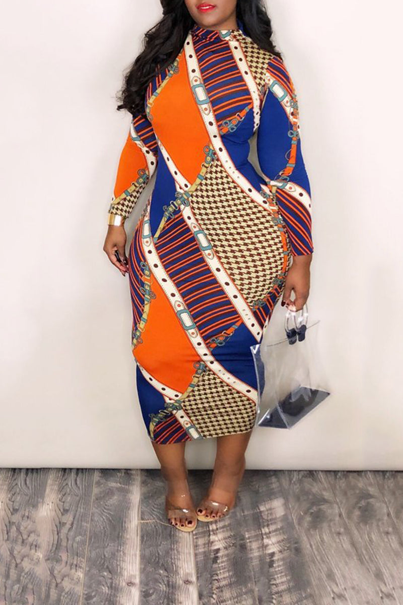 Plus Size Color Block Printed Midi Dress