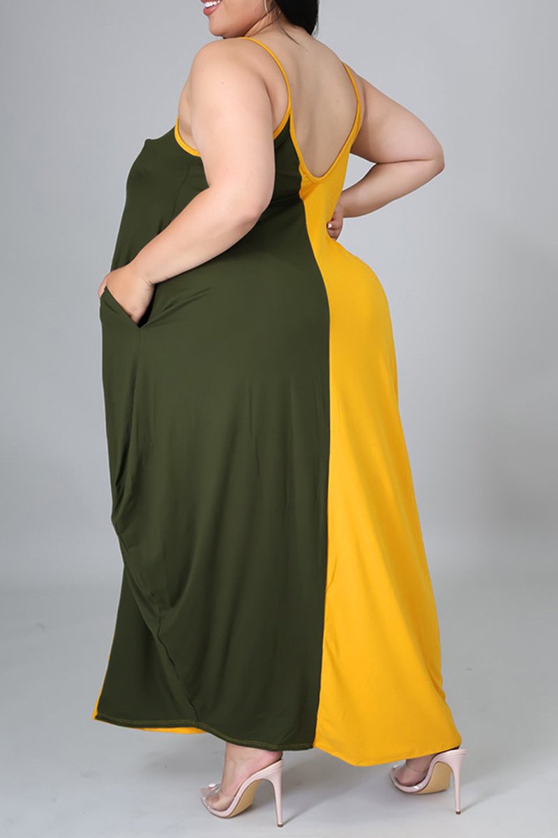 Plus Size Color Patchwork Halter Neck Maxi Dress