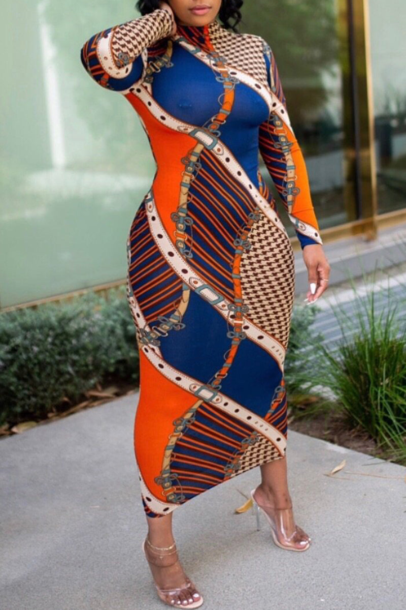 Plus Size Color Block Printed Midi Dress