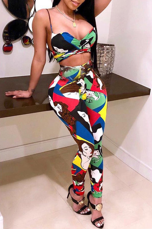 Plus Size Digital Print Spaghetti Straps Top & Pants