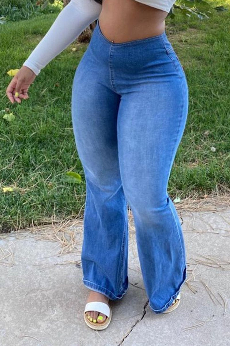 Plus Size Denim Flared Hem Solid Color Pants