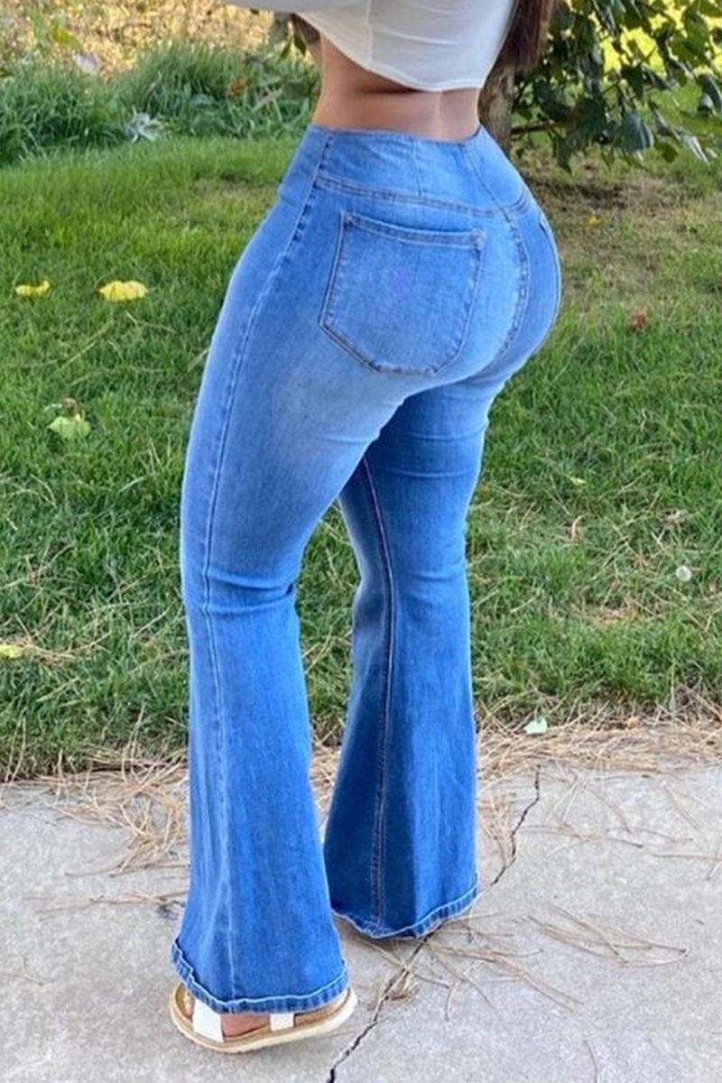 Plus Size Denim Flared Hem Solid Color Pants