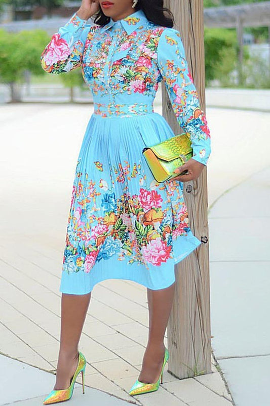 Plus Size Digital Print Long Sleeve Midi Dress