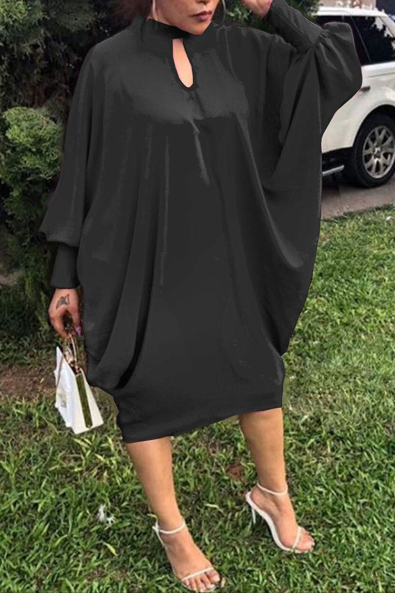 Plus Size Batwing Sleeve Solid Color Midi Dress