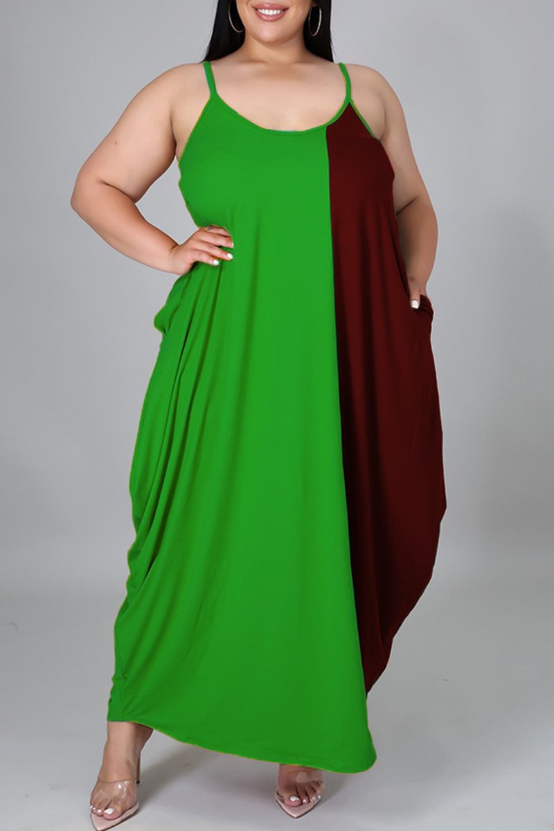 Plus Size Color Patchwork Halter Neck Maxi Dress