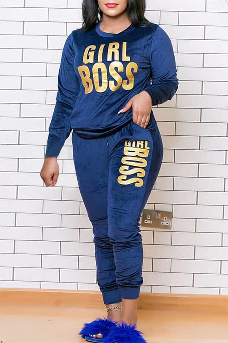 Pleuche Drawstring Letter Print Plus Size Top & Pants
