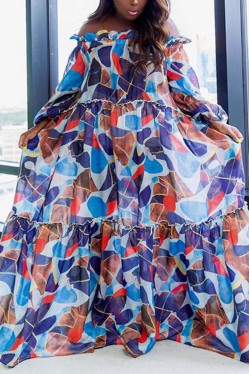 Plus Size Digital Print Off The Shoulder Dress
