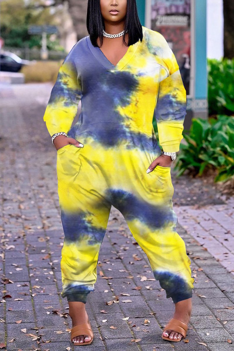 Plus Size Deep V-Neck Tie Dye Jumpsuit