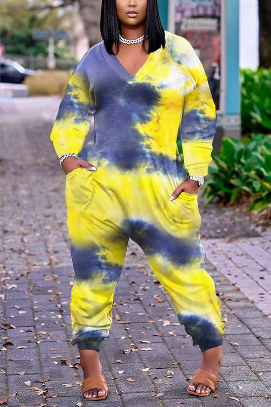 Plus Size Deep V-Neck Tie Dye Jumpsuit
