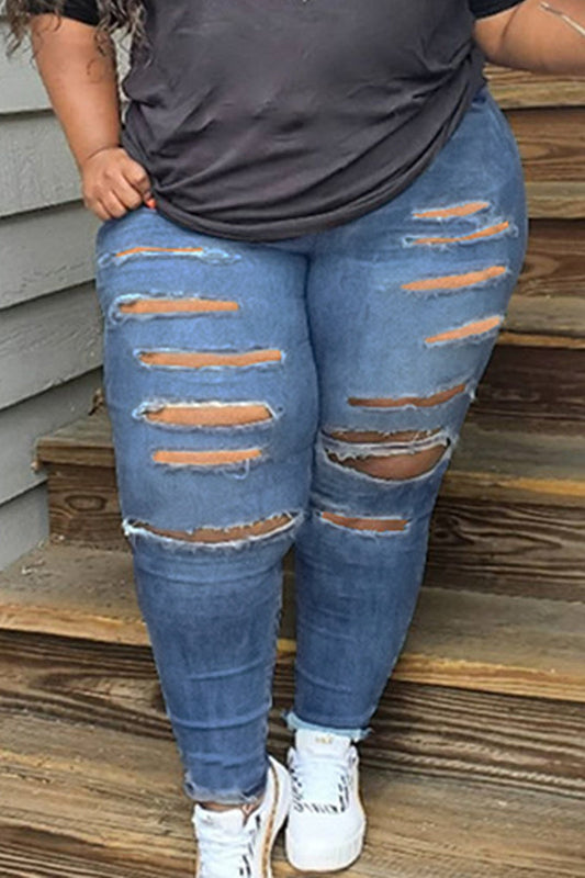 Plus Size Denim High-elastic Distressed Pants