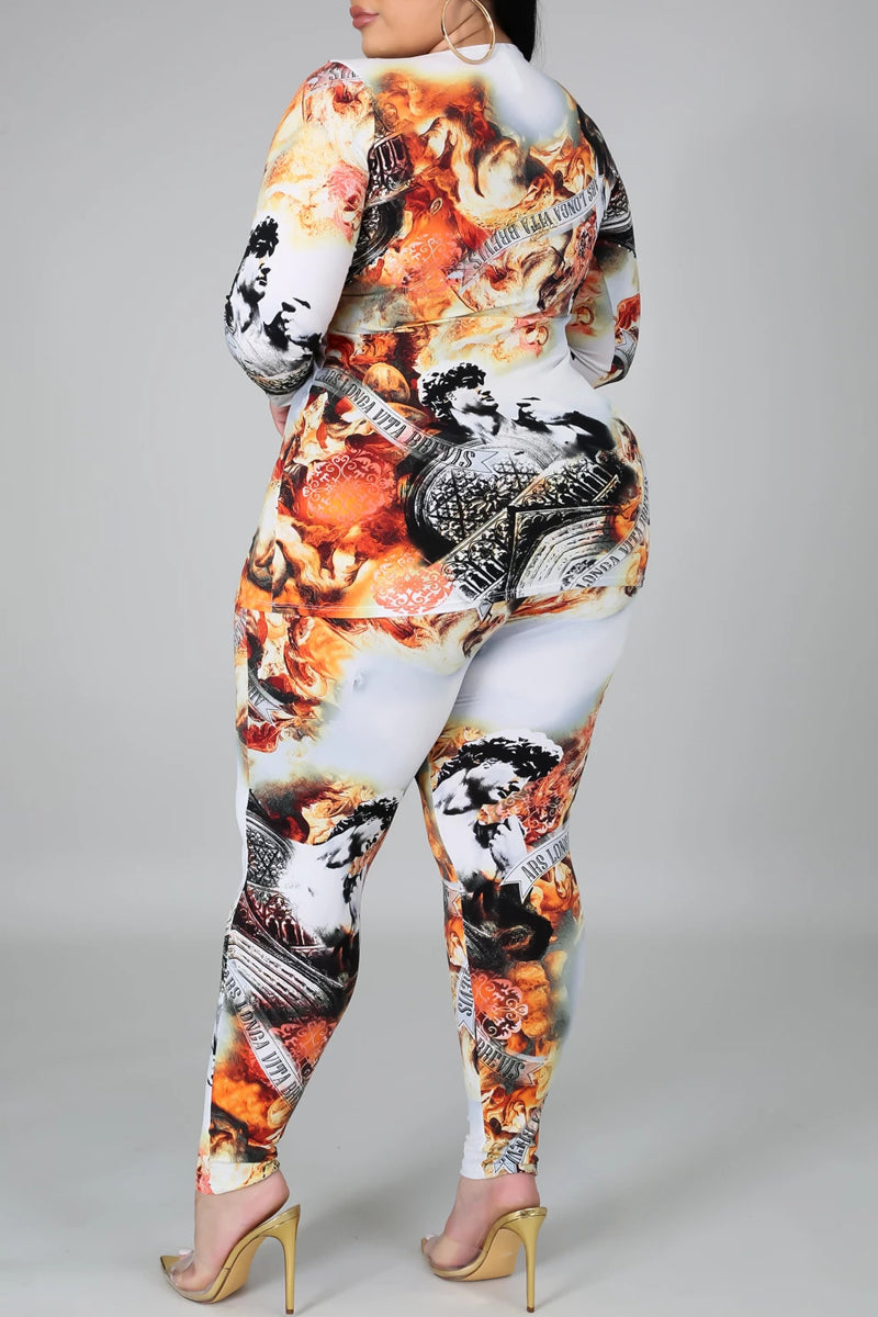 Plus Size Digital Print Long Sleeve Top & Pants