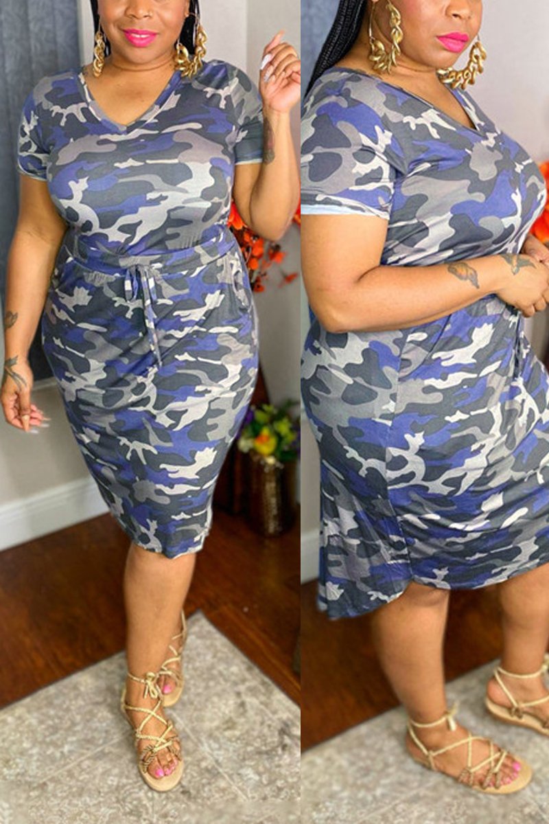 Plus Size Camouflage Print Drawstring V Neck Dress