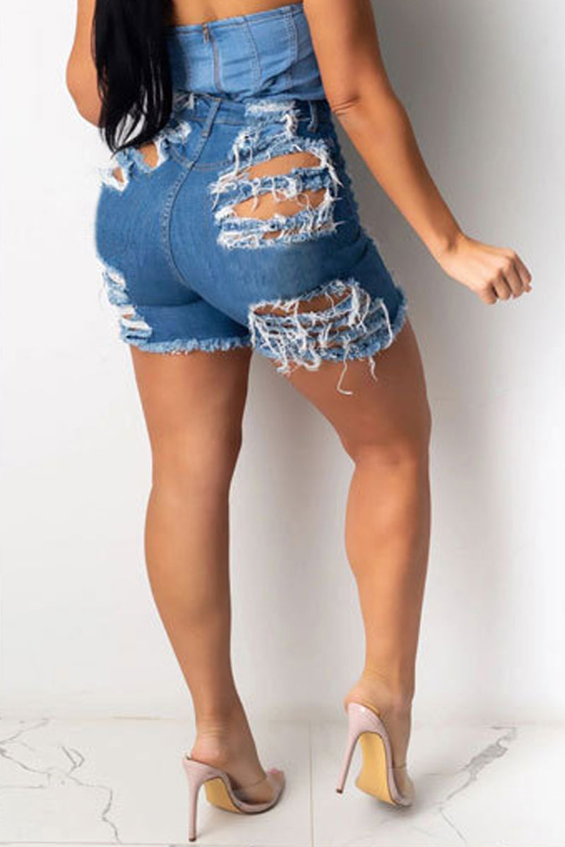 Plus Size Denim Hole Distressed Shorts