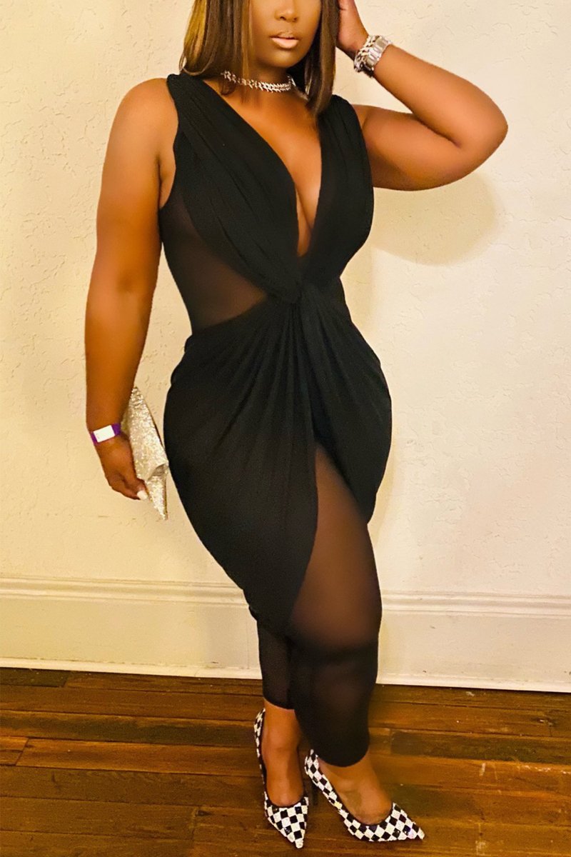 Plus Size Deep V Neck See-through Jumpsuit