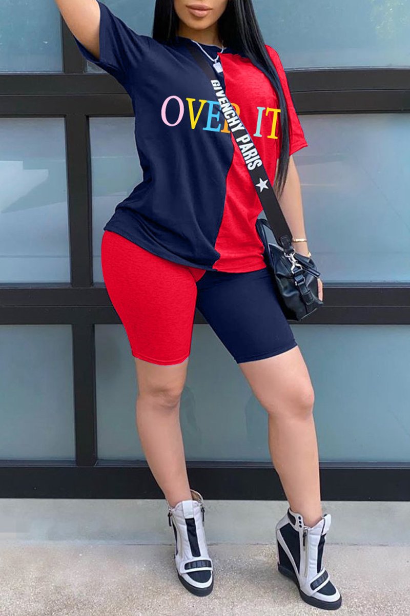 Plus Size Color Block Letter Print Top & Shorts