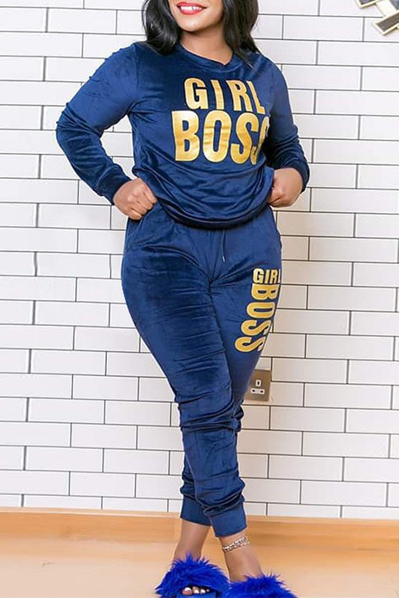 Pleuche Drawstring Letter Print Plus Size Top & Pants