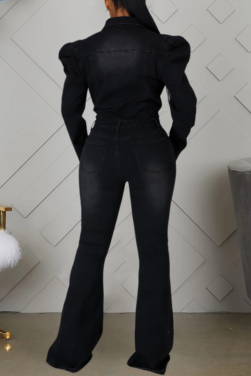 Plus Size Denim Puff Sleeve Button Flared Jumpsuit