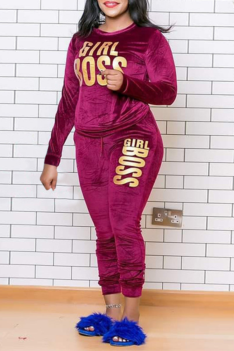 Pleuche Drawstring Letter Print Plus Size Top & Pants