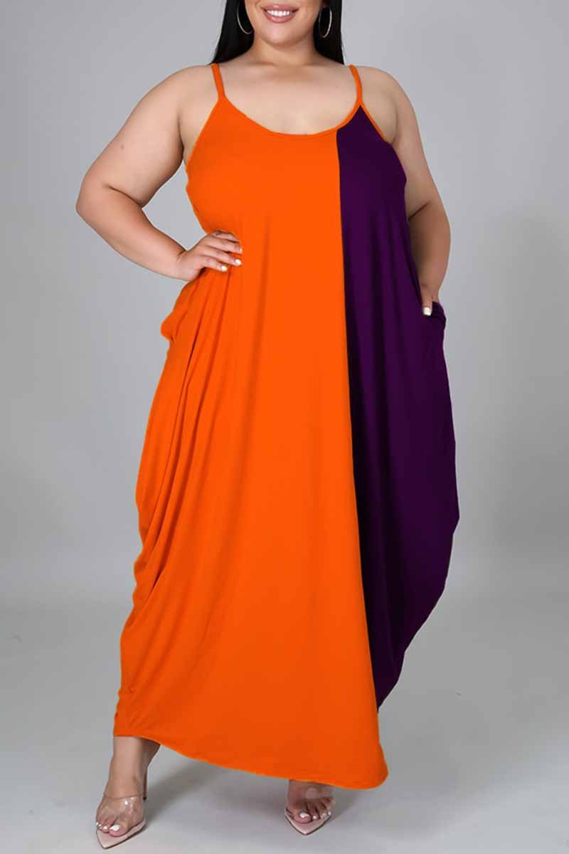 Plus Size Color Patchwork Halter Neck Maxi Dress