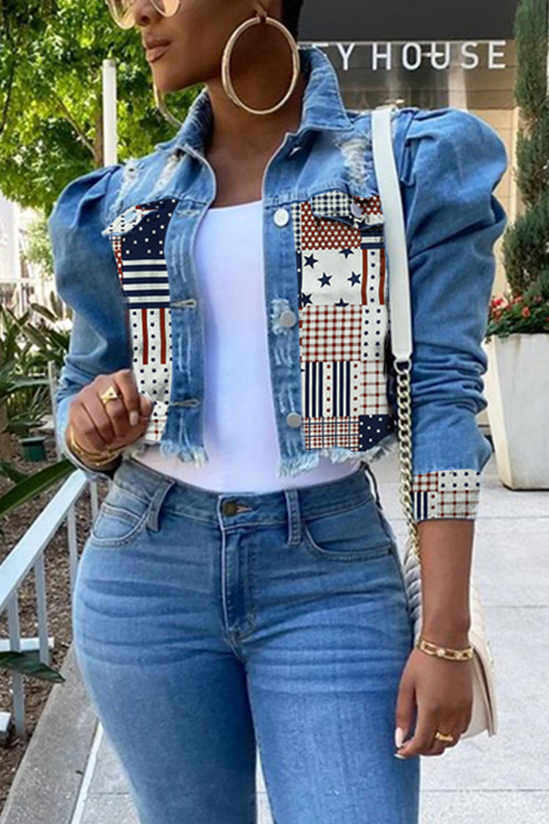 Plus Size Denim Patchwork Distressed Jacket