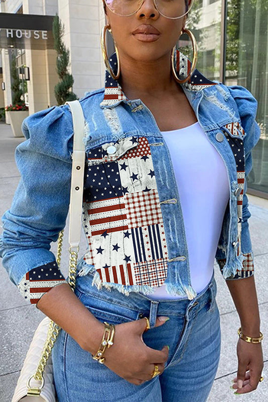 Plus Size Denim Patchwork Distressed Jacket