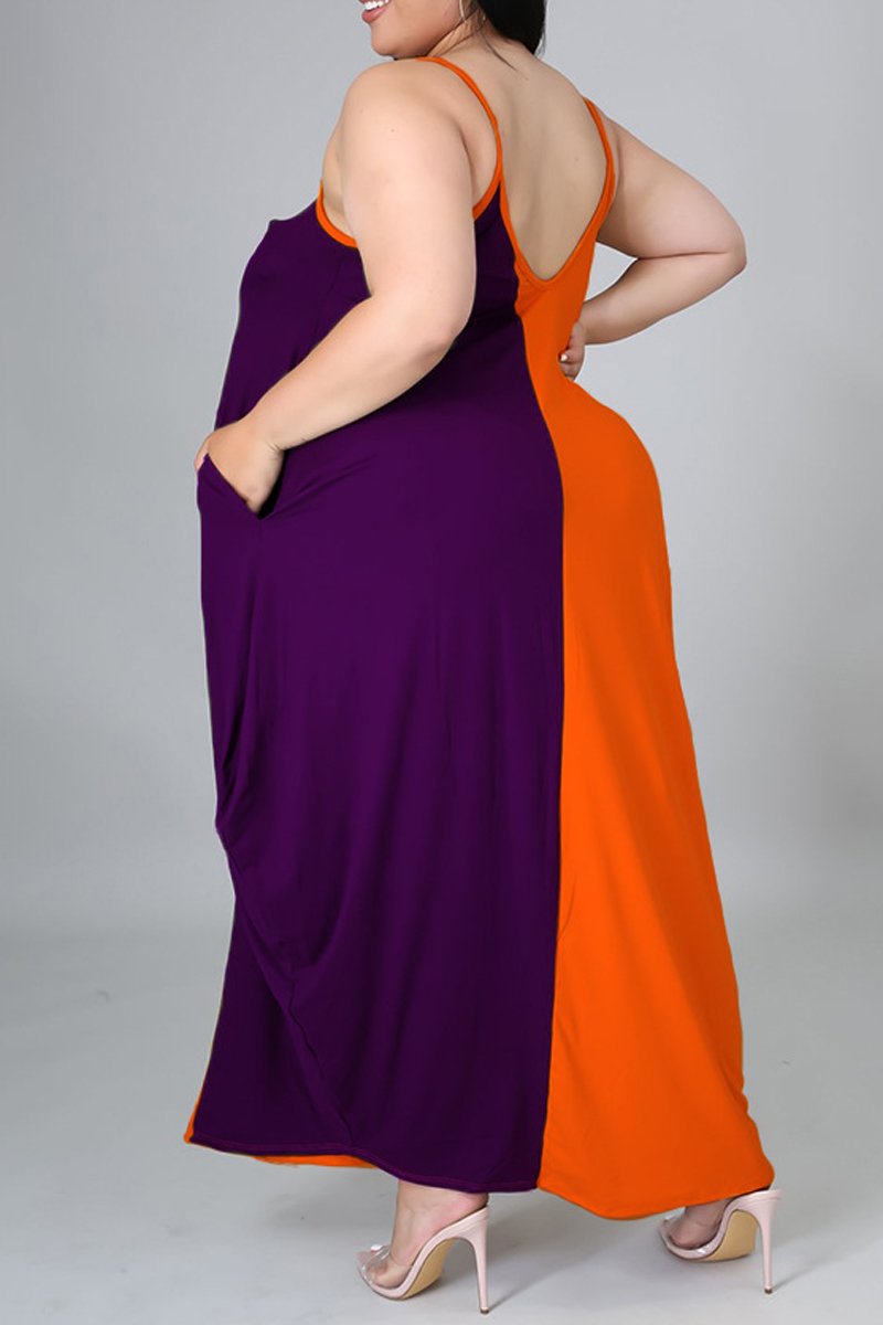 Plus Size Color Patchwork Halter Neck Maxi Dress