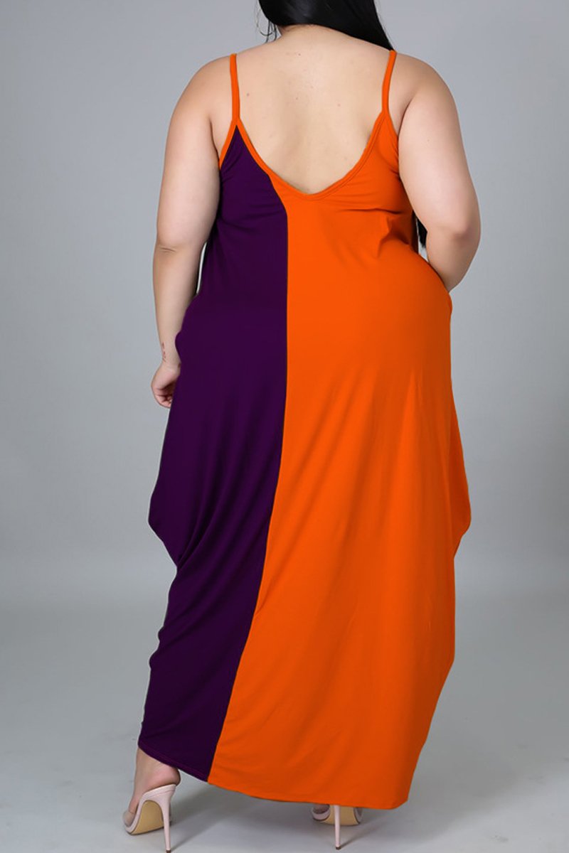 Plus Size Color Patchwork Halter Neck Maxi Dress