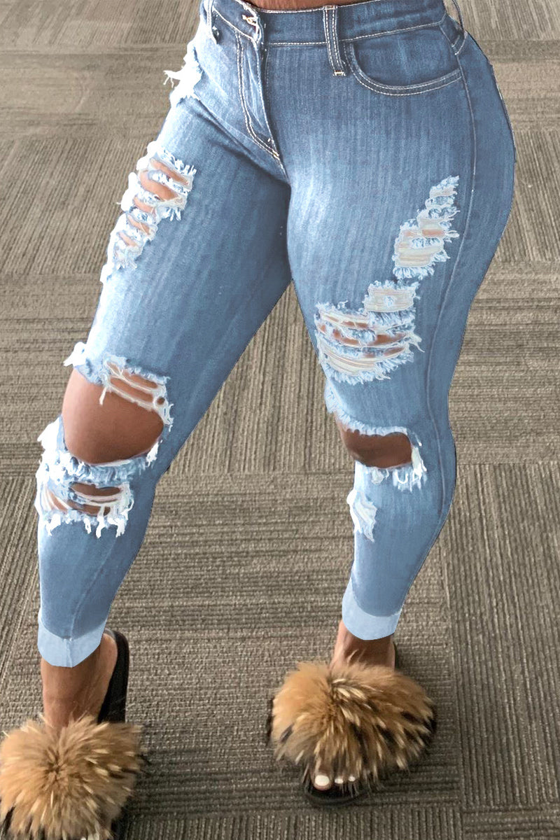 Plus Size Denim Hole Distressed Pants