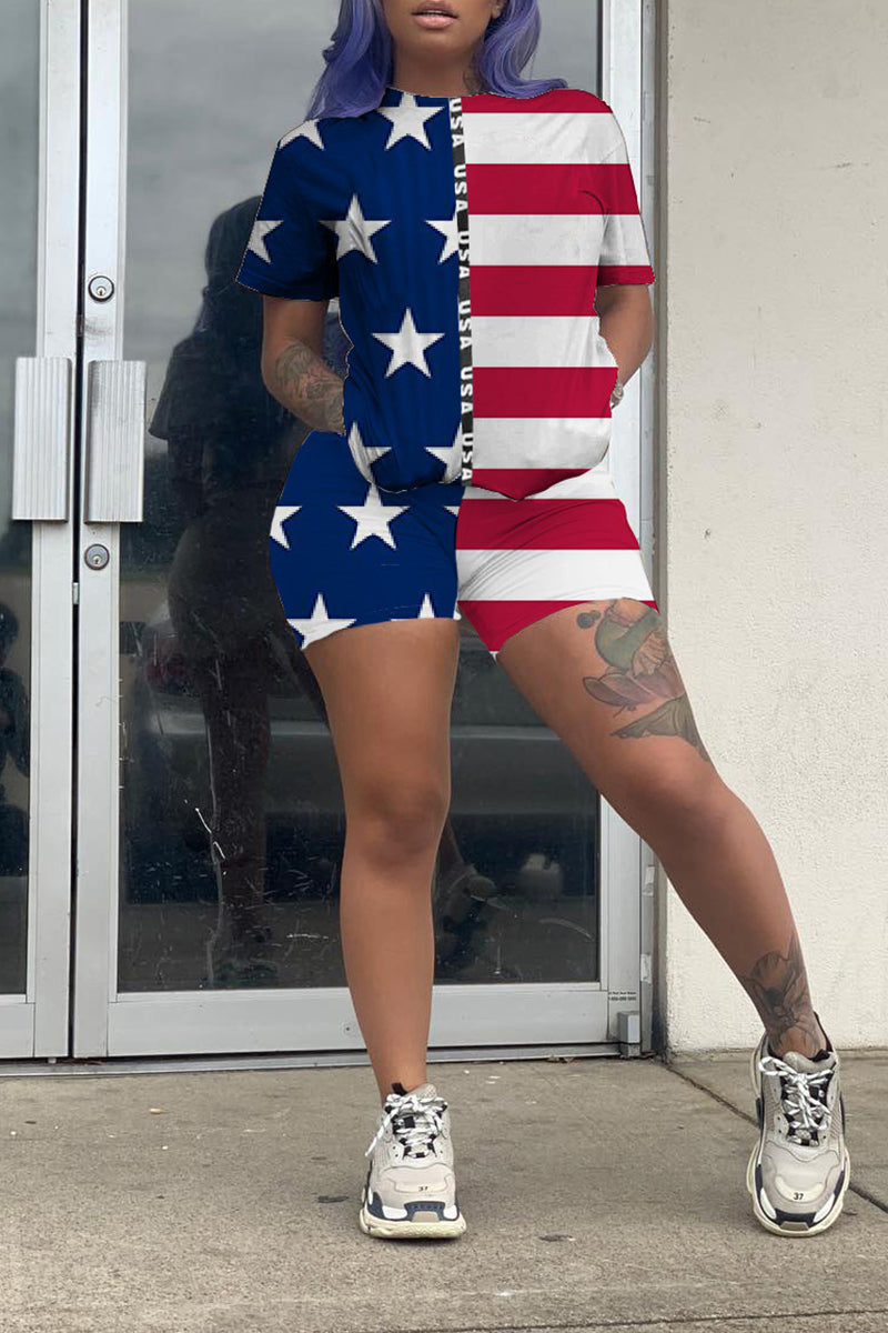 Plus Size American Flag Print Top & Shorts