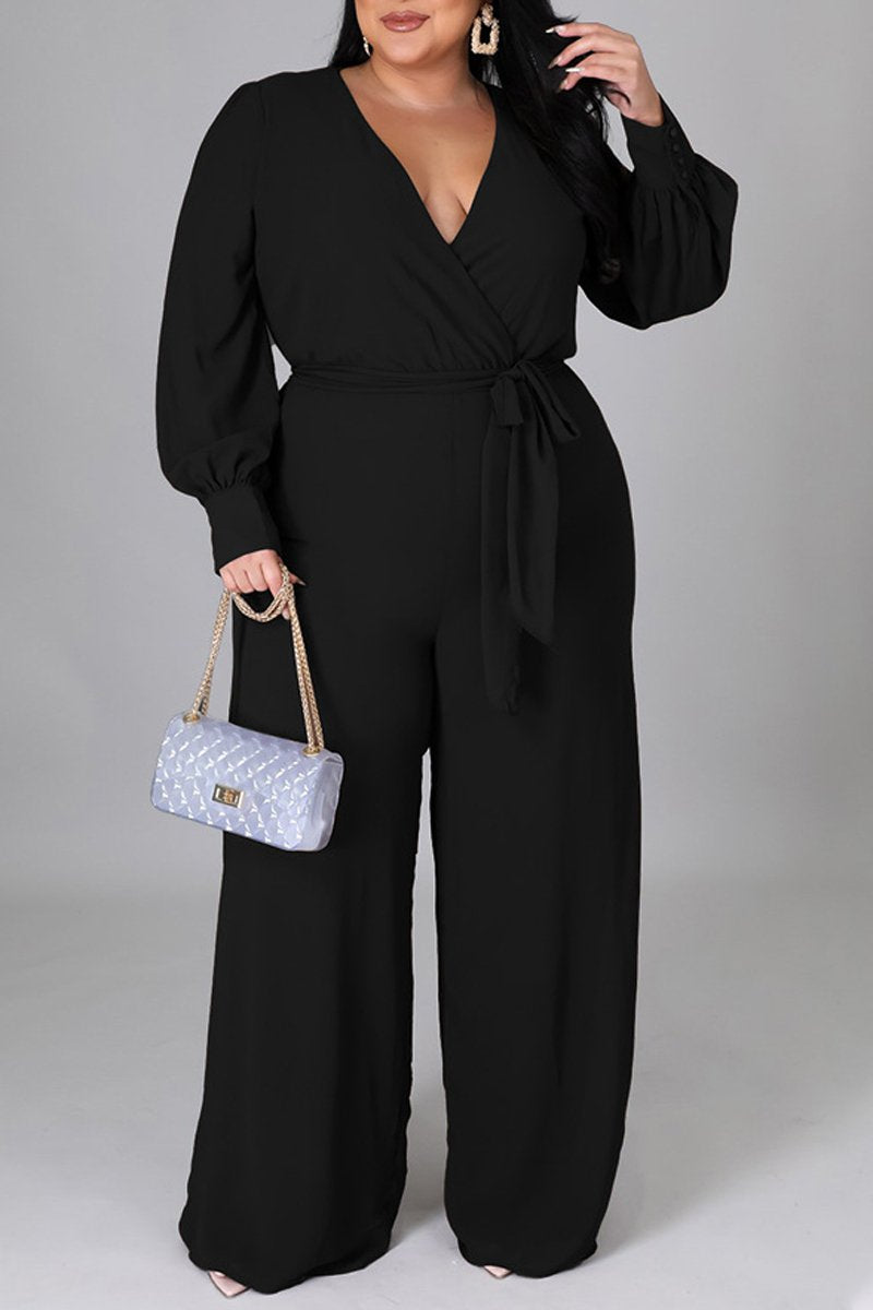 Plus Size Deep V-Neck Strapped Loose Jumpsuit