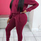 Plus Size Drawstring Waist Solid Long Sleeve Top & Pants