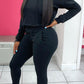 Plus Size Drawstring Waist Solid Long Sleeve Top & Pants