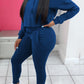 Plus Size Drawstring Waist Solid Long Sleeve Top & Pants