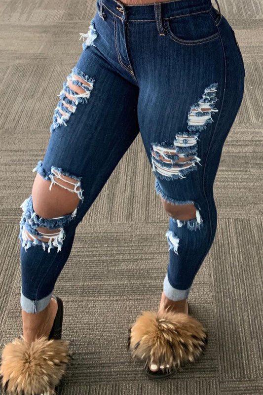 Plus Size Denim Hole Distressed Pants