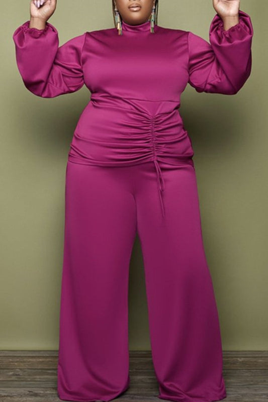 Plus Size Drawstring Lantern Sleeve Two Piece Outfits
