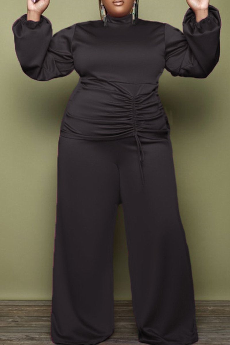 Plus Size Drawstring Lantern Sleeve Two Piece Outfits