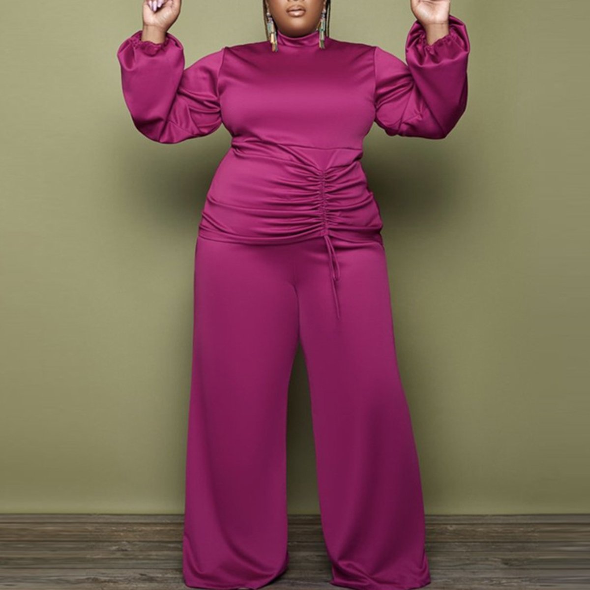 Plus Size Drawstring Lantern Sleeve Two Piece Outfits