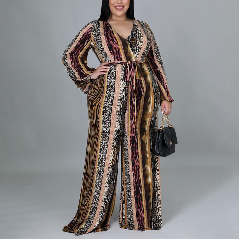 Plus Size Deep V Neck Print Belted Jumpsuit