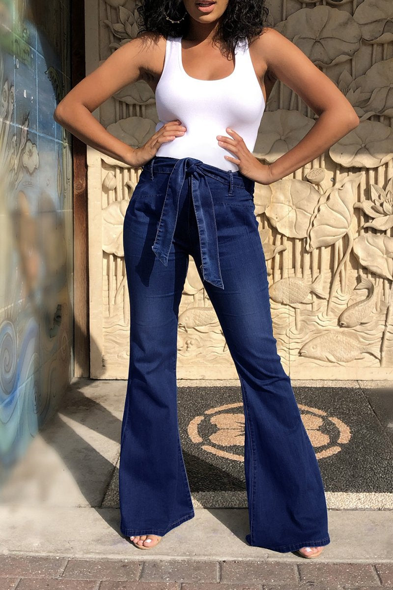 Plus Size Denim Flared Hem Solid Pants With Belt