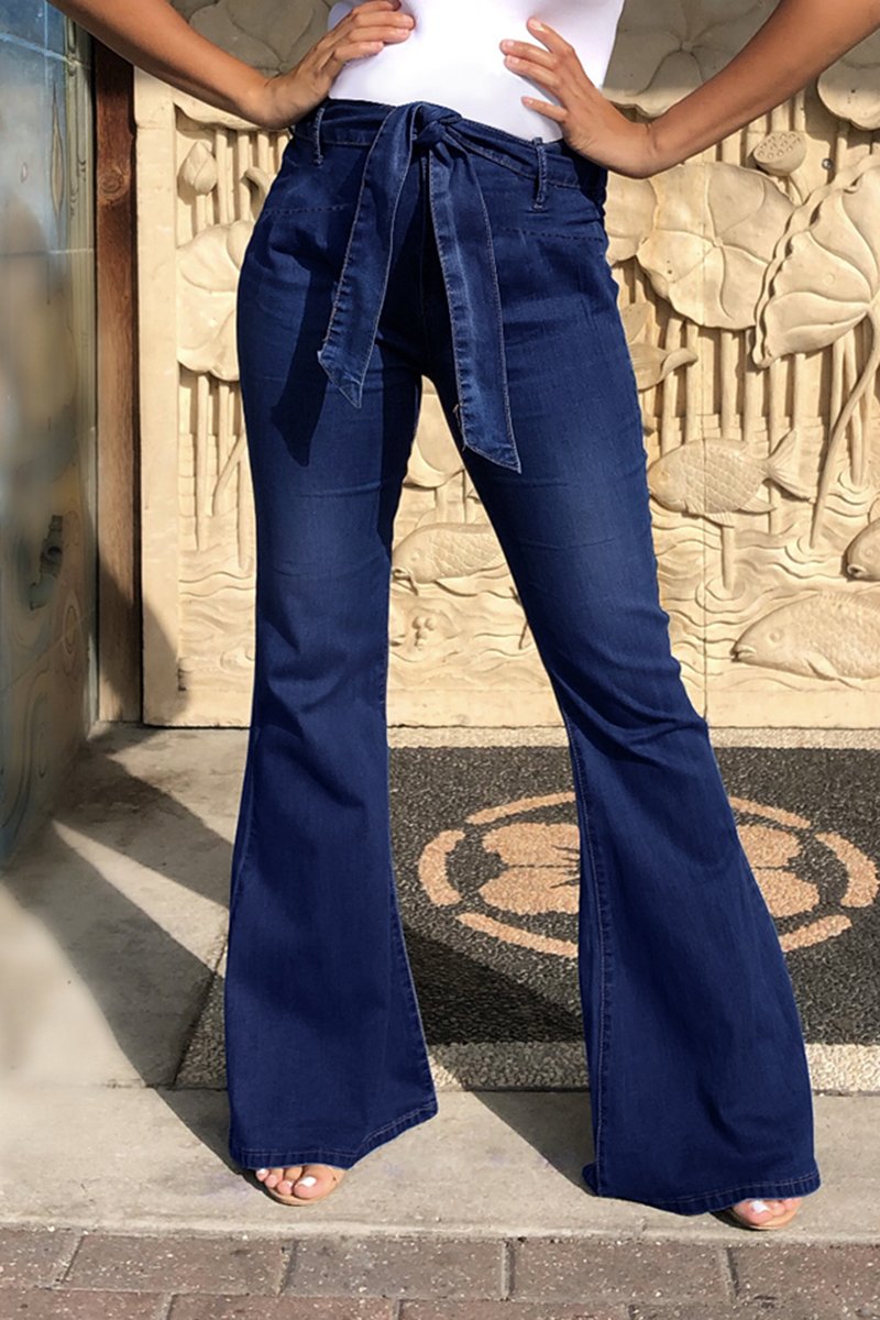 Plus Size Denim Flared Hem Solid Pants With Belt