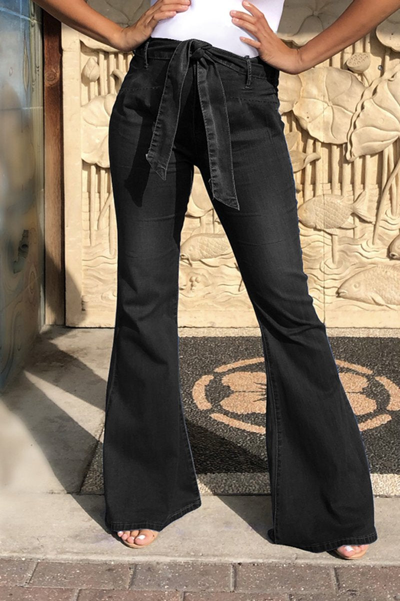 Plus Size Denim Flared Hem Solid Pants With Belt