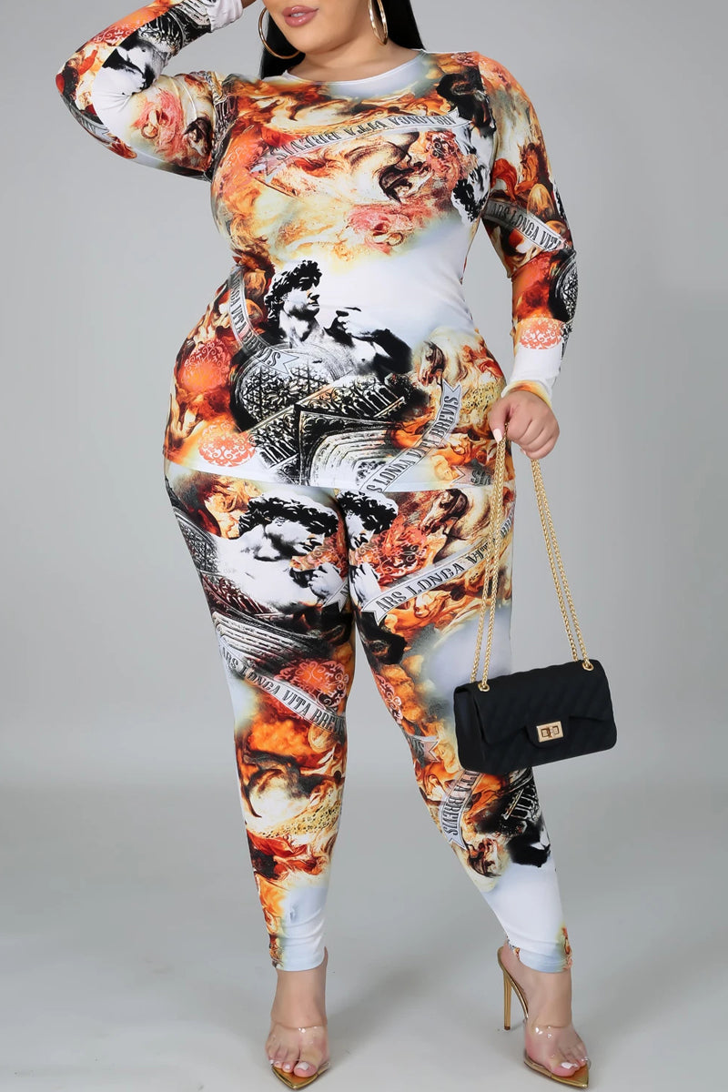 Plus Size Digital Print Long Sleeve Top & Pants