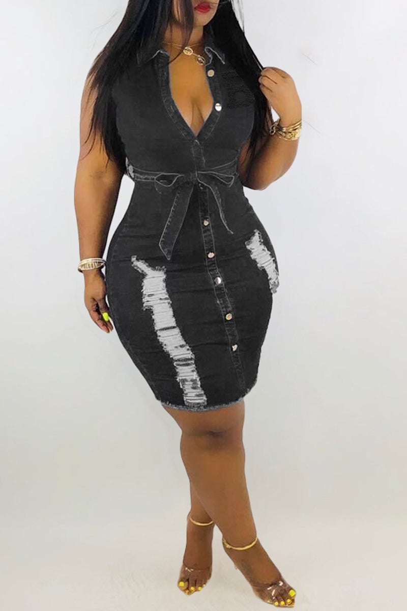Plus Size Denim Hole Distressed Embroidered Dress