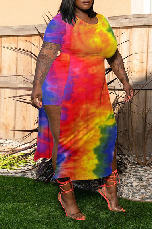Plus Size Colorful Tie Dye High Slit Two Piece Dresses
