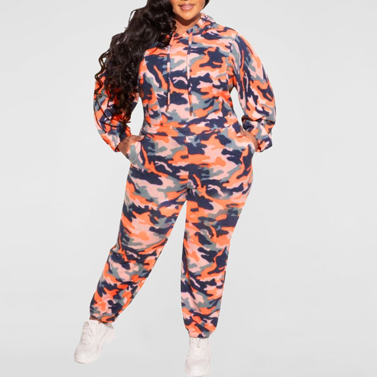 Plus Size Camouflage Hooded Pocket Two Piece Outfits