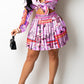 Pleated Printed Knotted Turndown Collar Top & Skirt