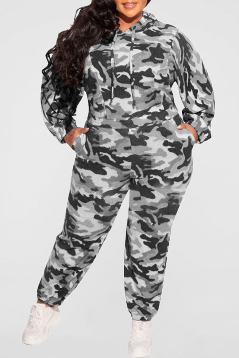 Plus Size Camouflage Hooded Pocket Two Piece Outfits