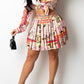 Pleated Printed Knotted Turndown Collar Top & Skirt